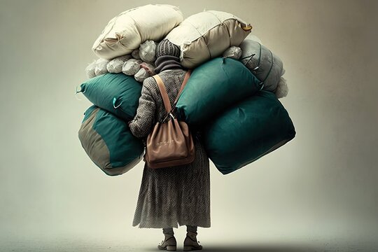 woman carrying many bags in her hands, concept of Carrying a Burden and Overburdened, created with Generative AI technology