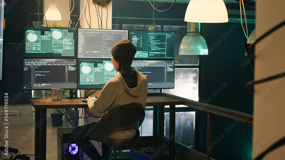 Poster team of people hacking system with computer malware, working on cyberbullying late at night. hackers