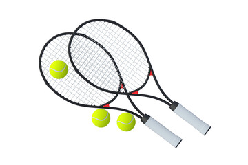Modern tennis racquets and balls isolated on white background. Top view. 3d render