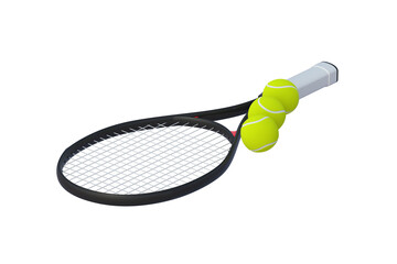 Tennis racquet and three balls isolated on white background. 3d render