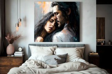 A beautiful artful painting hanging over a bed of a young couple embrassing in a sensual way, looks like oil painting, AI generated, beautiful bedroom, white sheets and stylistic, close up photo, sexy