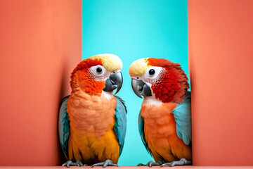 Two parrots peeking out from behind a corner on red background with copy space. Generative AI