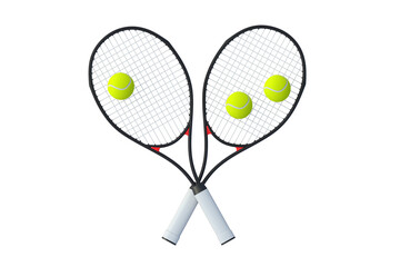 Tennis racquets and balls isolated on white background. Sports equipment. 3d render