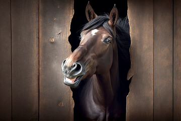 Horse peeking out from behind a corner on brown wooden background with copy space. Generative AI