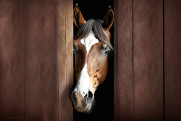 Horse peeking out from behind a corner on brown wooden background with copy space. Generative AI