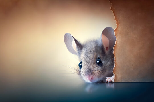 Mouse Peeking Out From Behind A Corner On Light Brown Background With Copy Space. Generative AI