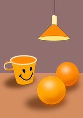 Two oranges and an orange cup on a brown table, with a lamp hanging above.
