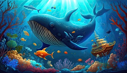 Underwater children's book illustration. Whale, fish, reef, and dolphins. Ocean under the sea with a shipwreck boat. Colorful marine landscape.
