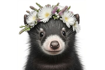 Springtime adorable baby skunk wearing a flower crown. Cute children's illustration of cuddly ferret in spring. Easter drawing.