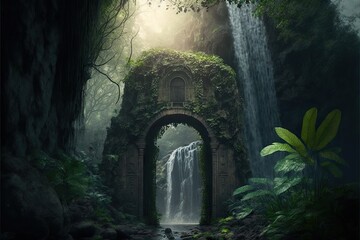 The secret garden hidden waterfall in the amazon, concept of Tropical Rainforest and Nature's Beauty, created with Generative AI technology