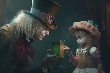 The hatter from alice in wonderland presents a gothic, unususal Alice with a pandora box of magic or a curious gift that can create all sorts of mischief