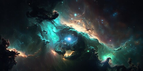 Colorful green space galaxy cloud nebula. Stary night cosmos. Universe science astronomy. Supernova background wallpaper. AI generated.