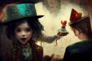 Foto op Aluminium The hatter from Alice in wonderland as a child, gothic and weird, very disturbing long hair and a big top hat, crazy as a bat © Guy