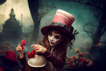 The hatter from Alice in wonderland as a child, gothic and weird, very disturbing long hair and a big top hat, crazy as a bat