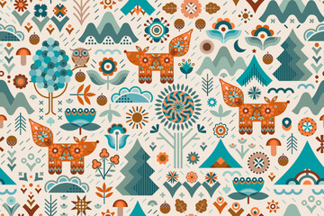 Stylized flowers, trees, plants, floral elements, geo minimalistic shapes of woodland featuring a cute own and fox in socks. Inspired by the aesthetic of the Scandinavian countries and the Nordic art.