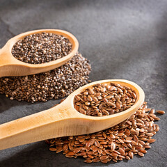 Organic flax and chia seeds in the spoons - Linum usitatissimum, Salvia hispanica