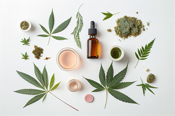 Ai generated. Top view still life alternative medicine with cannabis, natural herbal remedies, flowers, essential oils of CBD bottle. Homeopathic ingredient and natural medicines on white background.
