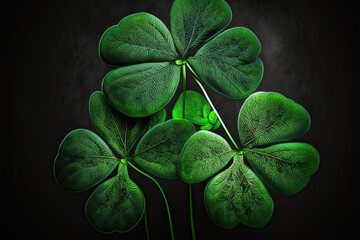 Green clover leaf isolated on dark background. with three-leaved shamrocks. St. Patrick's day holiday symbol, clover, leaf, green, plant, shamrock, isolated, nature, patrick, luck, four, irish, 