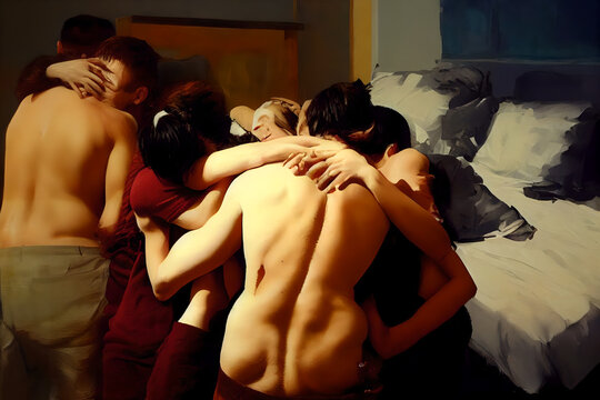 A beautiful AI painting of a loving orgy of many men and women, all hugging and embracing each other at the same time, shirtless or naked, connected both physically and emotionally, sensual and sexual