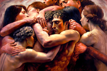 A beautiful AI painting of a loving orgy of many men and women, all hugging and embracing each other at the same time, shirtless or naked, connected both physically and emotionally, sensual and sexual