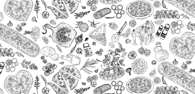 Seamless pizza pattern. Hand drawn pizza illustrations. top view. vector illustration Engraved design. © nature line