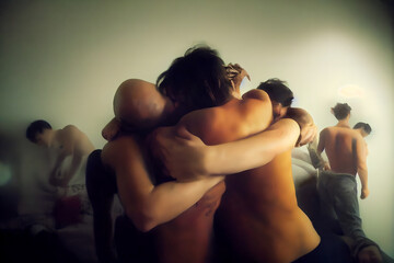 A beautiful AI painting of a loving orgy of many men and women, all hugging and embracing each other at the same time, shirtless or naked, connected both physically and emotionally, sensual and sexual