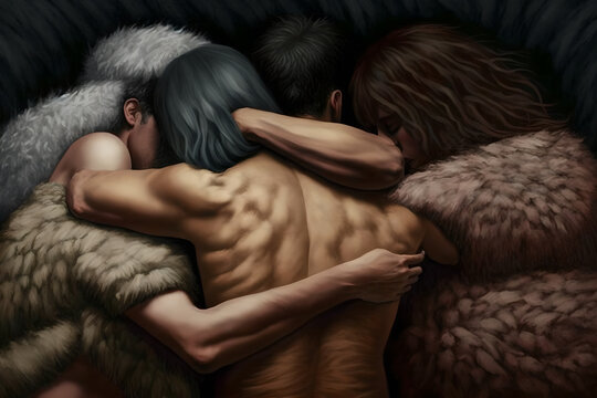 A weird fantasy orgy of men, women and hybrid furry animal-people in costume, all embracing and connected, shirtless, naked, kinky