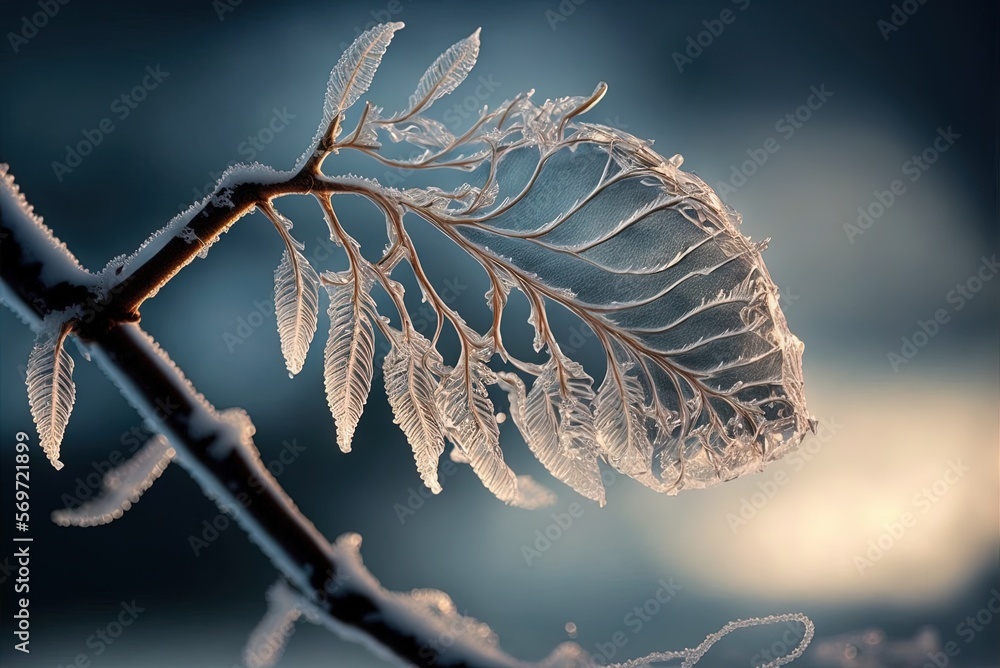 Poster a winters scene of a frosted tree limb with a coating of ice generative ai