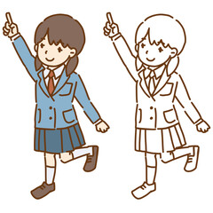 女子学生が制服を着て上を指差すベクターイラスト 線画と色付き ブレザーとスカート