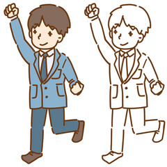 制服の男子学生が拳をあげ片足で踏み込むベクターイラスト 線画と色付き ブレザー