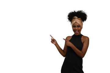  young woman points her finger to the left side, a space for your product or message, person,...