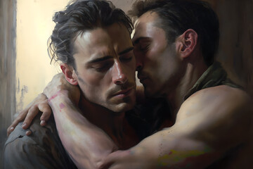 Two gay men, lovers, in an intimate embrace/hug showing great affection and love to each other, LGBTIQ+, naked or clothes. portrait, close up, generative AI (not based on real people).  - obrazy, fototapety, plakaty
