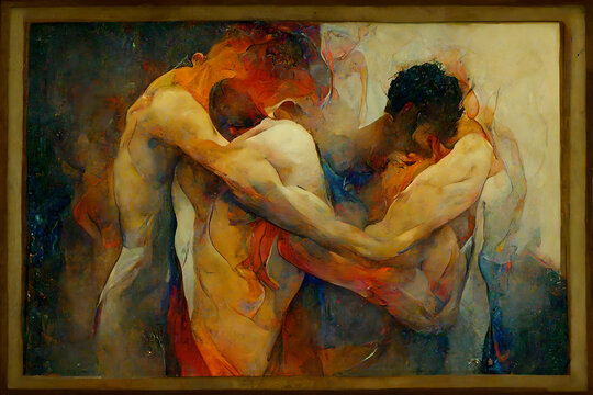 A beautiful AI painting of a loving orgy of many men and women, all hugging and embracing each other at the same time, shirtless or naked, connected both physically and emotionally, sensual and sexual