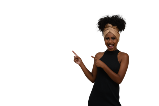  young woman points her finger to the left side, a space for your product or message, person, advertising concept