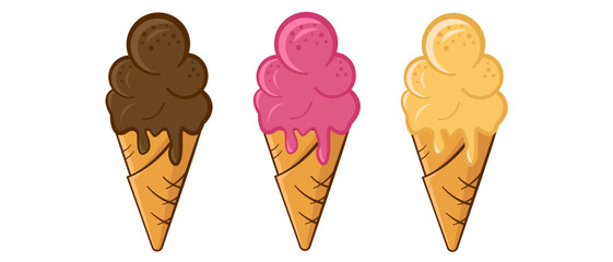 chocolate, strawberry, vanilla ice cream set vector illustration