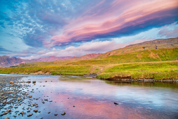 Kirkjufellfoss landscape at summer sunset, Iceland