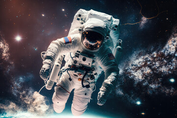 Astronaut floating amidst stars during spacewalk, generative ai