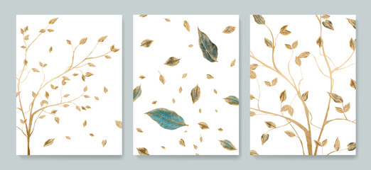 Abstract art background with golden tree leaves in line style. Botanical poster set for print design, textile, wallpaper, interior design.