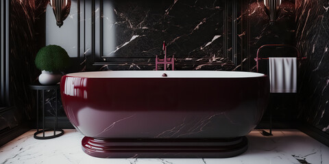 Black Modern Bathroom interior with Marble Burgundy bathtub. digital ai art