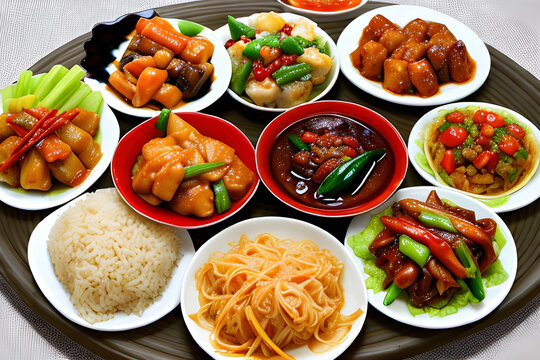 A bunch of assorted tasty-looking Chinese dishes, 8a.i. generated)