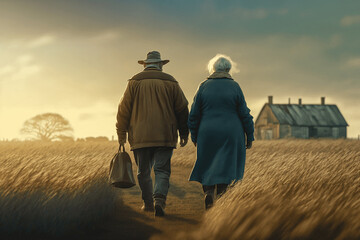 Elderly couple walking through a countryside field. AI generated illustration.