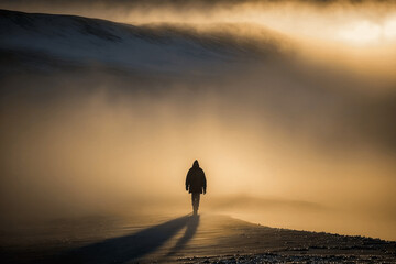 Lone man walking away into a windy and misty empty space during a blizzard.