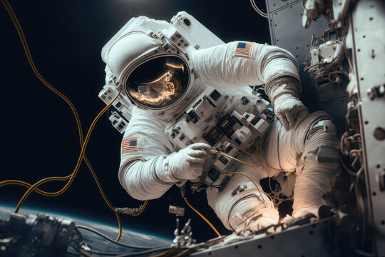 Astronaut spaceman repairing a satellite in space, generative ai