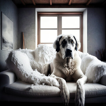 A Big Dog Sitting On A Shredded Sofa He Destroyed - Generative Ai