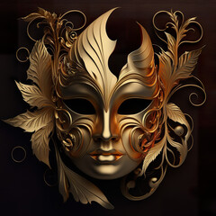 Venetian golden mask for Carnival costume party. Dark background. Generative Ai