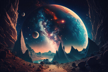 Cosmic landscape with orbiting celestial bodies, generative ai