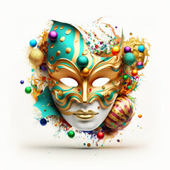 Golden mask with carnival decorations. Generative Ai