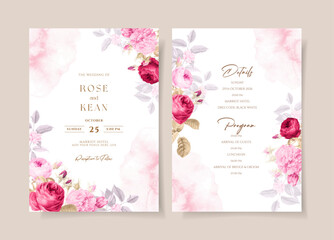 Watercolor wedding invitation template set with beautiful red and pink floral and leaves decoration