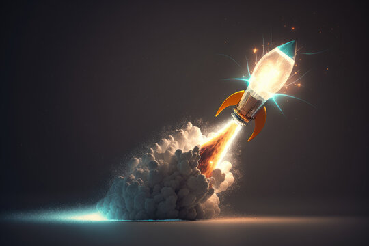 Glowing light bulb taking off like a rocket, symbolizing the takeoff of creative ideas, generative ai