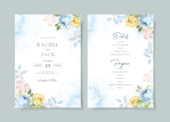 Watercolor wedding invitation template set with beautiful floral and leaves decoration